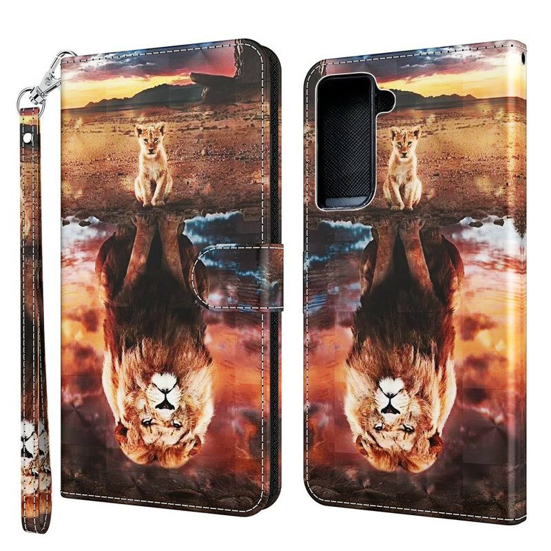 Flip Case Samsung Galaxy S21 5G Light Spot Lion Kaulanauhalla
