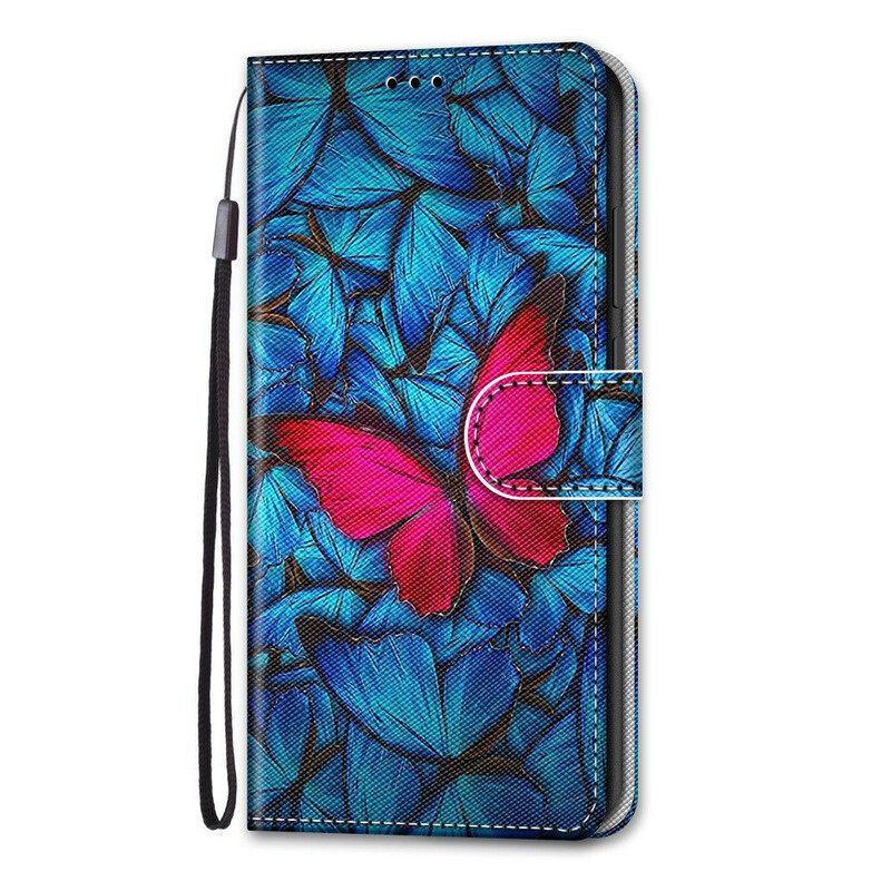 Kotelot Samsung Galaxy S21 5G Punainen Perhonen Sinisellä Taustalla