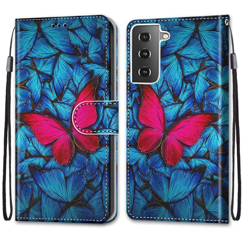 Kotelot Samsung Galaxy S21 5G Punainen Perhonen Sinisellä Taustalla
