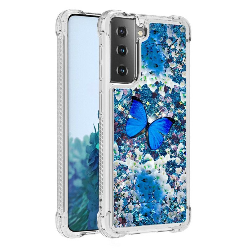 Kuori Samsung Galaxy S21 5G Glitter Blue Butterflies