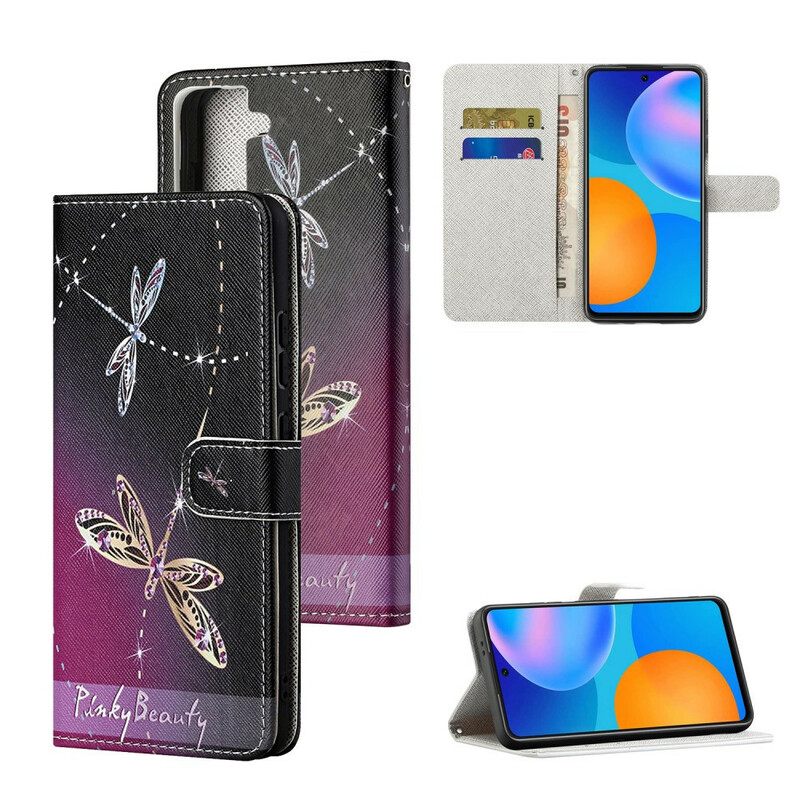Nahkakotelo Samsung Galaxy S21 5G Suojaketju Kuori Strappy Dragonflies