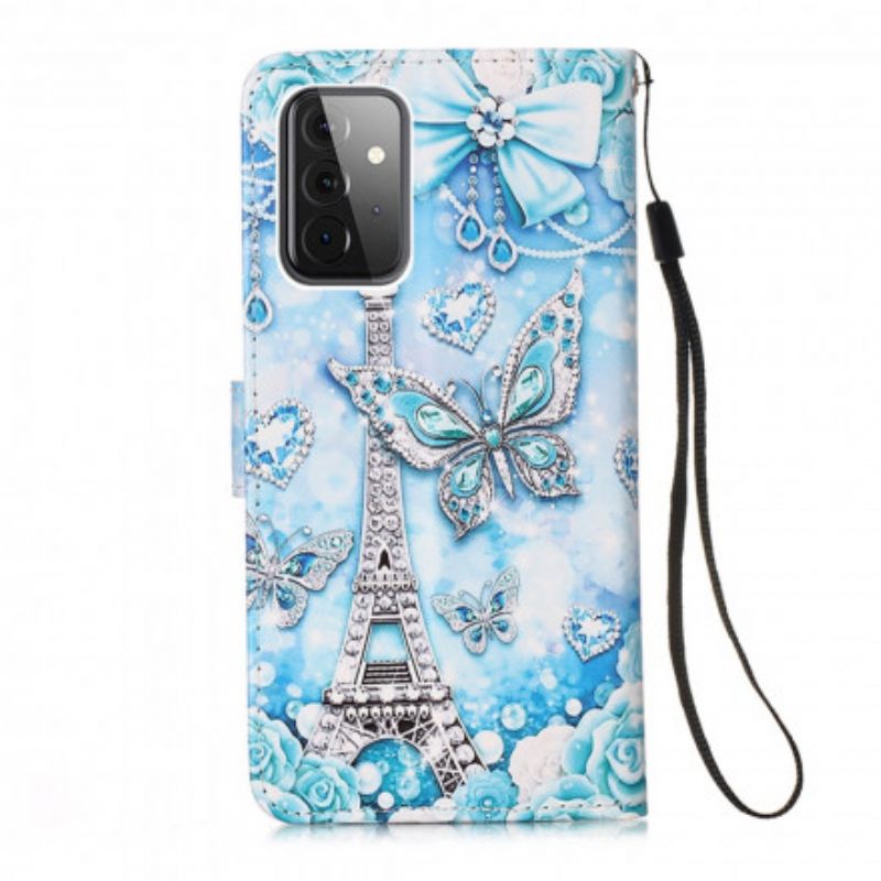 Nahkakotelo Samsung Galaxy A52 4G / A52 5G / A52s 5G Eiffel-tornin Perhoset