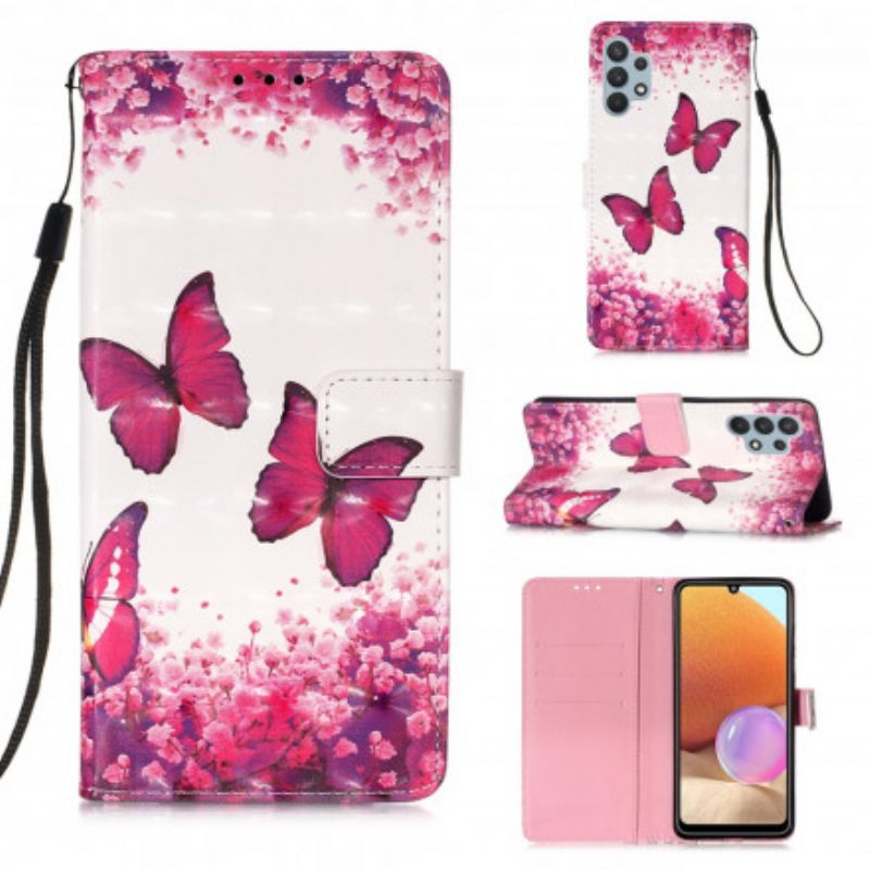 Nahkakotelo Samsung Galaxy A32 4G Red Butterflies