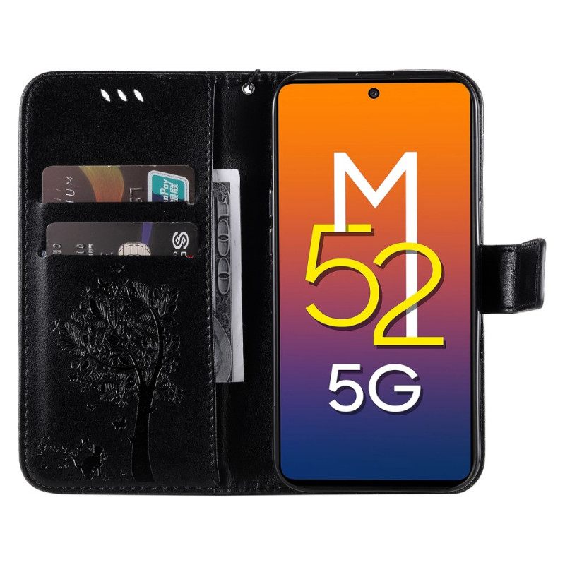 Kotelot Samsung Galaxy M52 5G Kukkiva Puu Ja Kissa