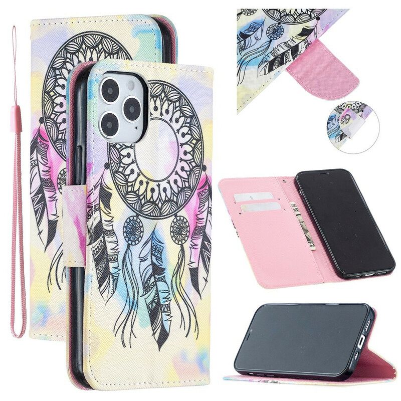 Nahkakotelo iPhone 12 / 12 Pro Suojaketju Kuori Dream Catcher Hihnalla