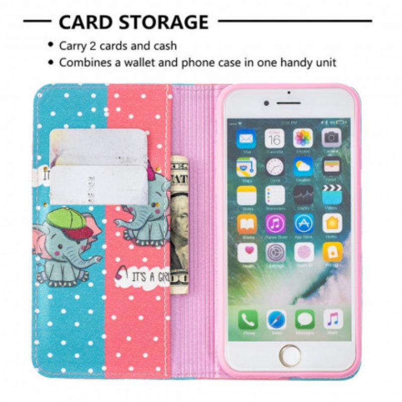 Puhelinkuoret iPhone SE 3 / SE 2 / 8 / 7 Kotelot Flip Baby Elephants