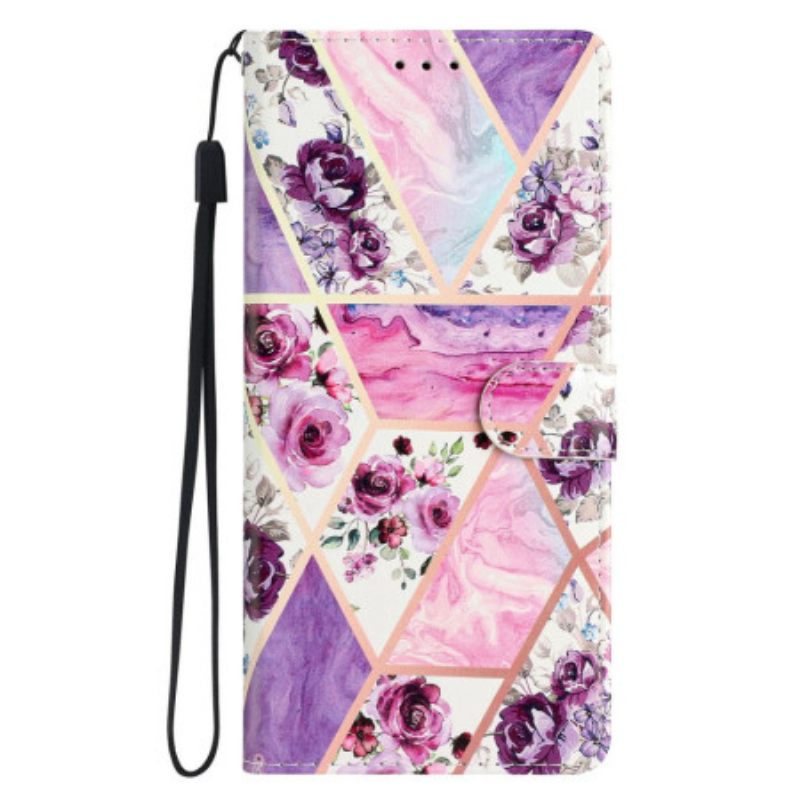 Nahkakotelo iPhone 16 Pro Max Purppuraisia Kukkia Hihnalla