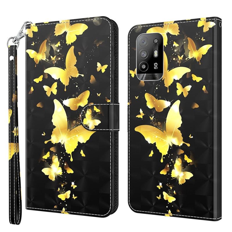 Nahkakotelo Oppo A94 5G Butterfly Kaulanauhalla
