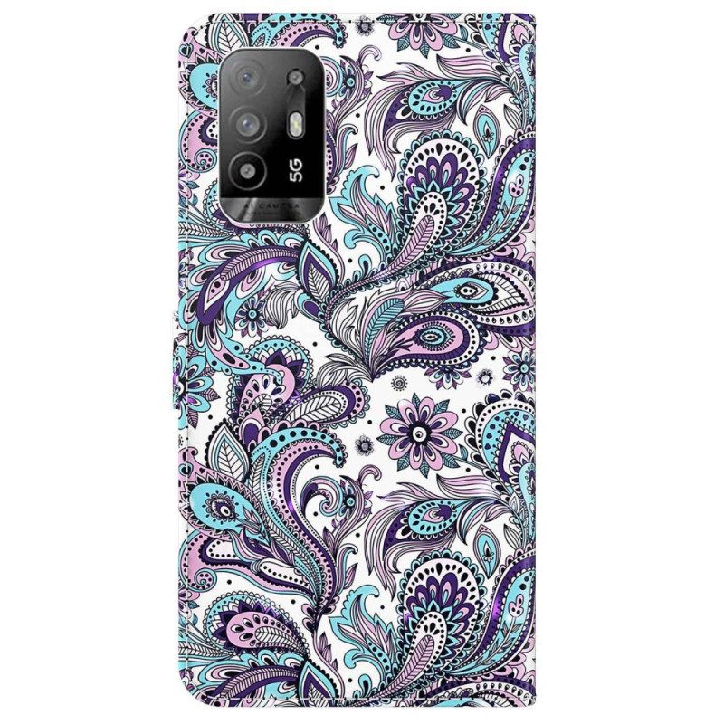 Nahkakotelo Oppo A94 5G Kukkakuvioita Hihnalla