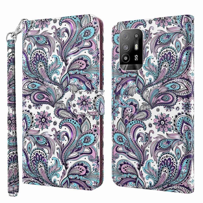 Nahkakotelo Oppo A94 5G Kukkakuvioita Hihnalla