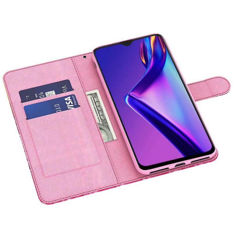 Nahkakotelo Oppo A94 5G Kukkakuvioita Hihnalla