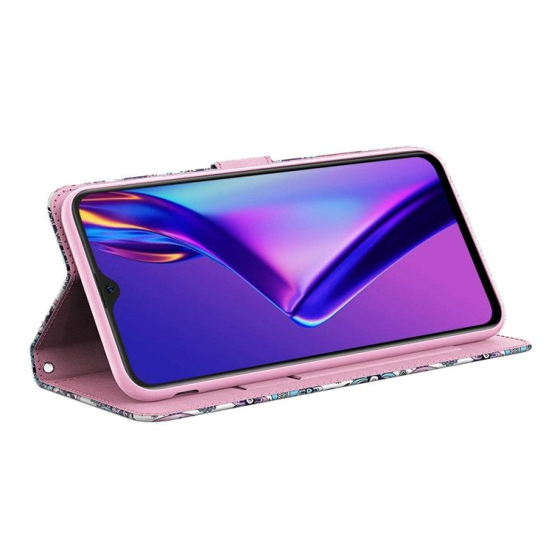 Nahkakotelo Oppo A94 5G Kukkakuvioita Hihnalla