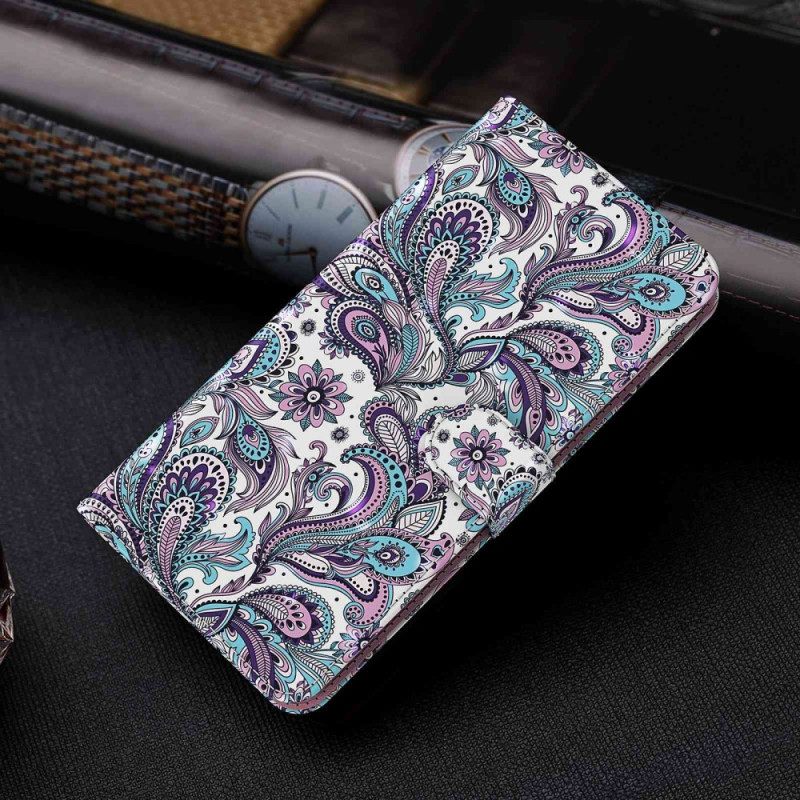 Nahkakotelo Oppo A94 5G Kukkakuvioita Hihnalla