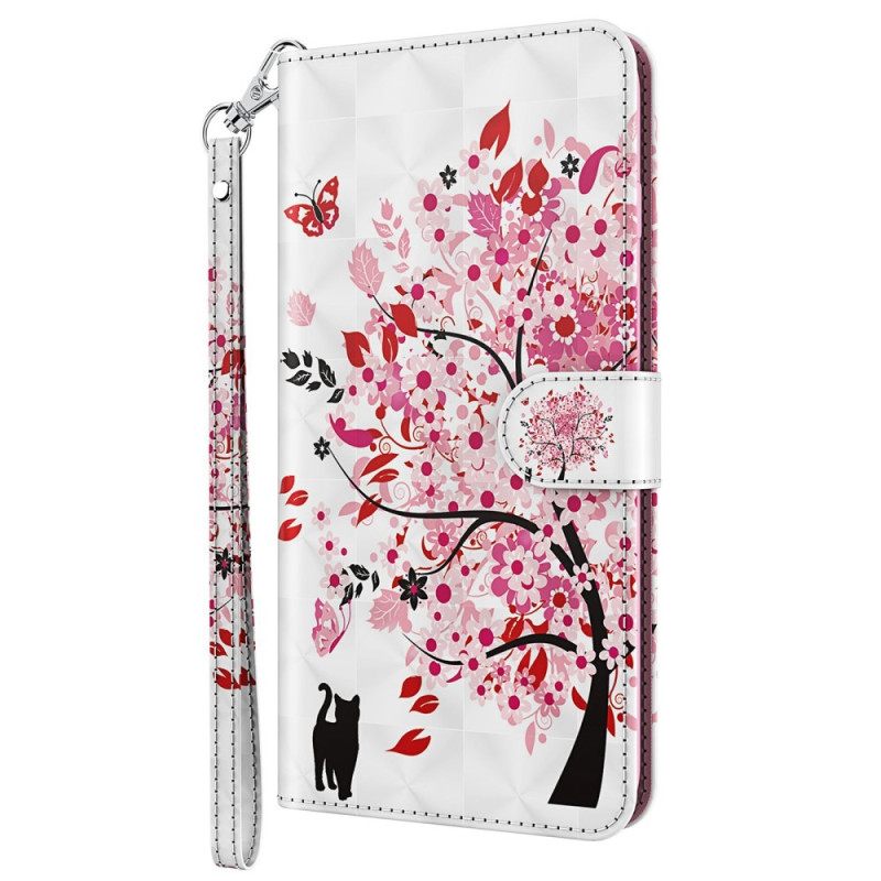 Nahkakotelo Oppo A94 5G Pink Tree Kaulanauhalla