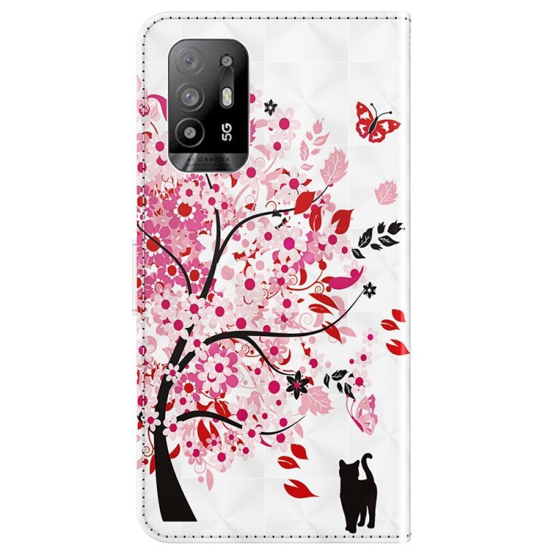 Nahkakotelo Oppo A94 5G Pink Tree Kaulanauhalla