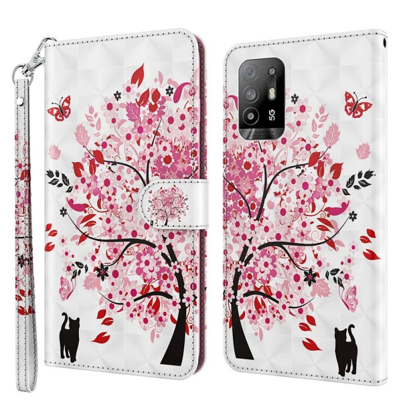 Nahkakotelo Oppo A94 5G Pink Tree Kaulanauhalla