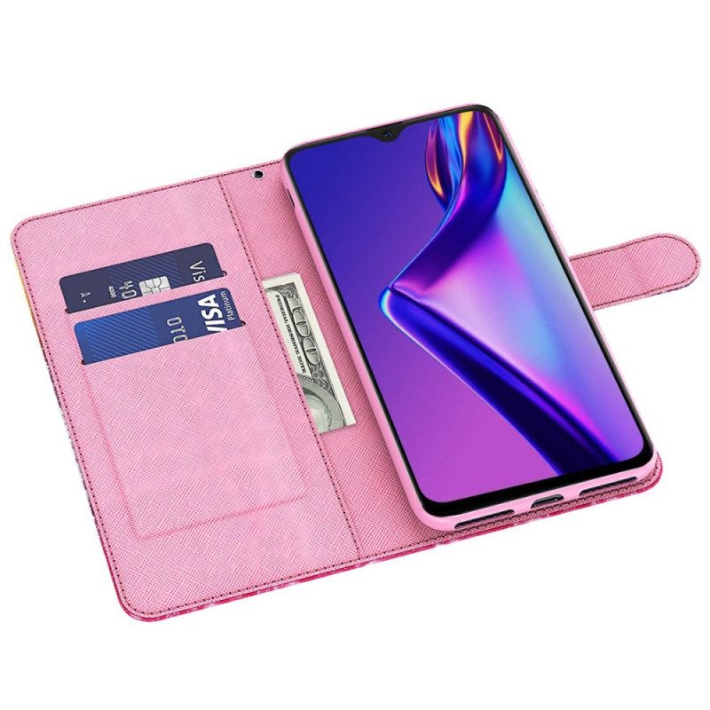 Nahkakotelo Oppo A94 5G Pink Tree Kaulanauhalla