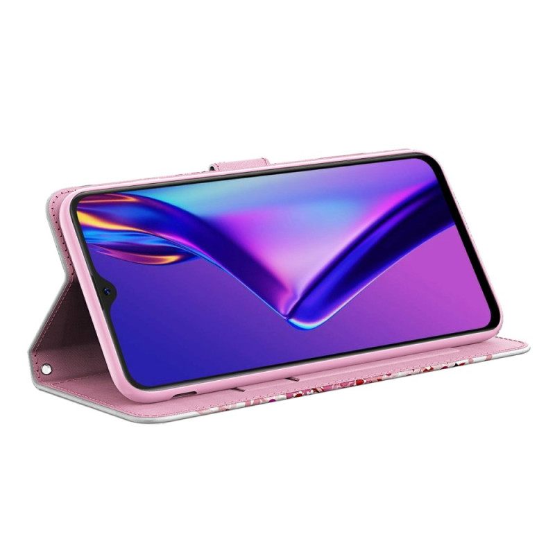 Nahkakotelo Oppo A94 5G Pink Tree Kaulanauhalla