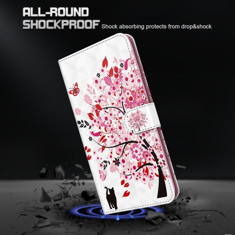 Nahkakotelo Oppo A94 5G Pink Tree Kaulanauhalla