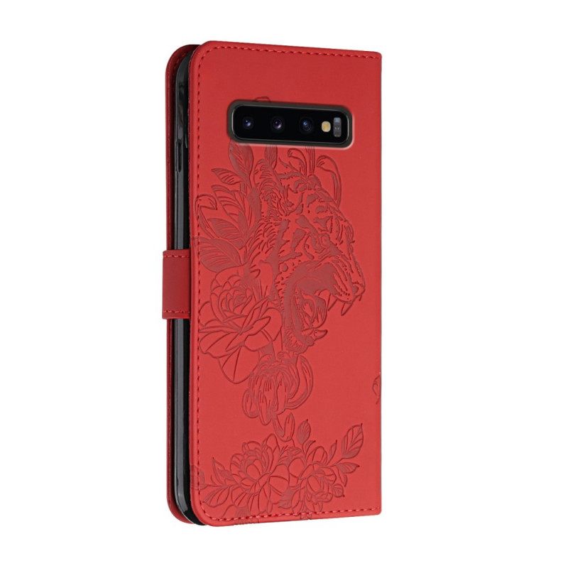 Nahkakotelo Samsung Galaxy S10 Plus Suojaketju Kuori Tiger Baroque Strap
