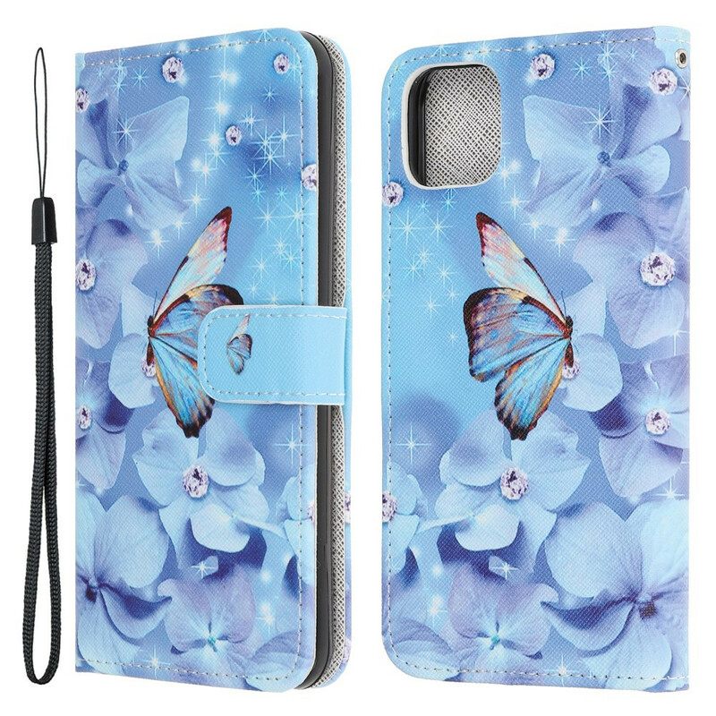 Kotelot iPhone 13 Mini Suojaketju Kuori Diamond Butterflies Hihnalla