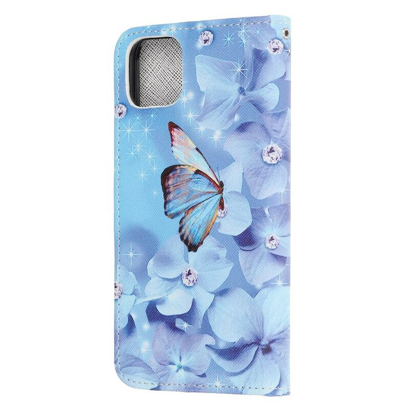 Kotelot iPhone 13 Mini Suojaketju Kuori Diamond Butterflies Hihnalla