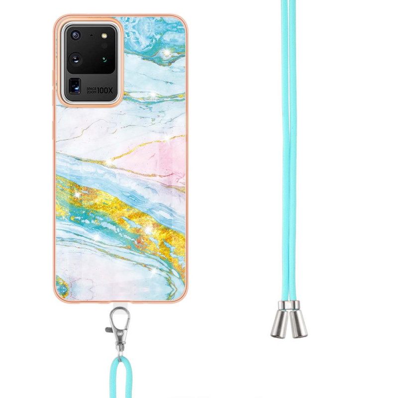 Kuori Samsung Galaxy S20 Ultra Kiristysnyörillä Cord Marble Designille