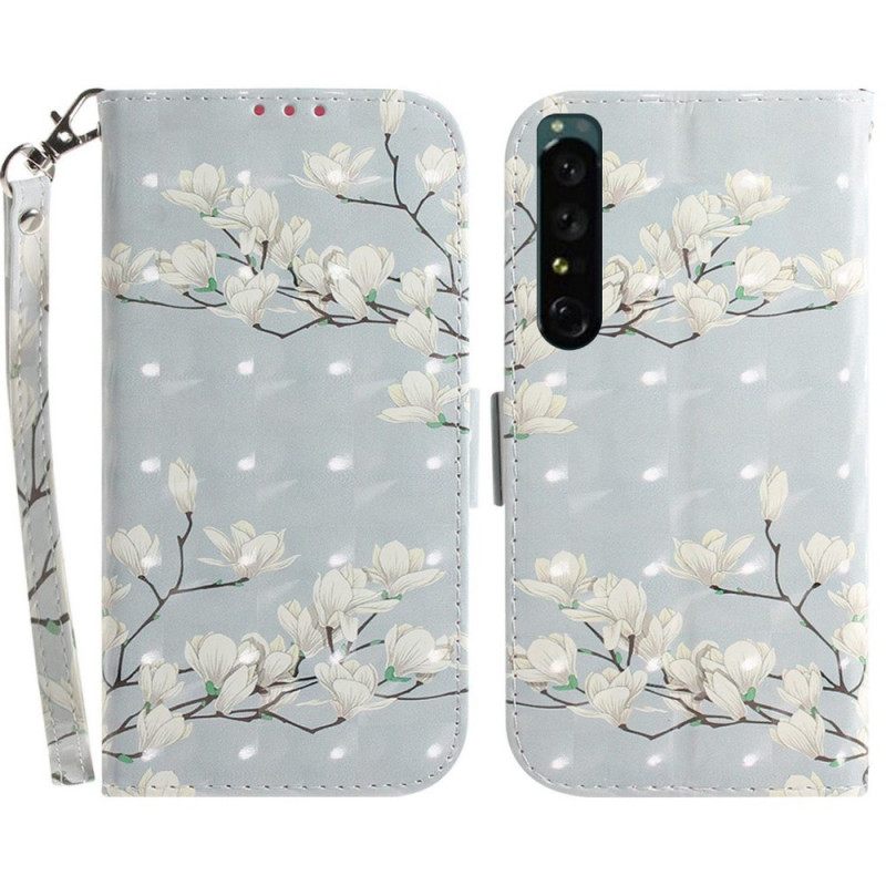 Kotelot Sony Xperia 1 IV Suojaketju Kuori White Strap Flowers