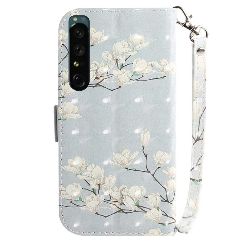 Kotelot Sony Xperia 1 IV Suojaketju Kuori White Strap Flowers