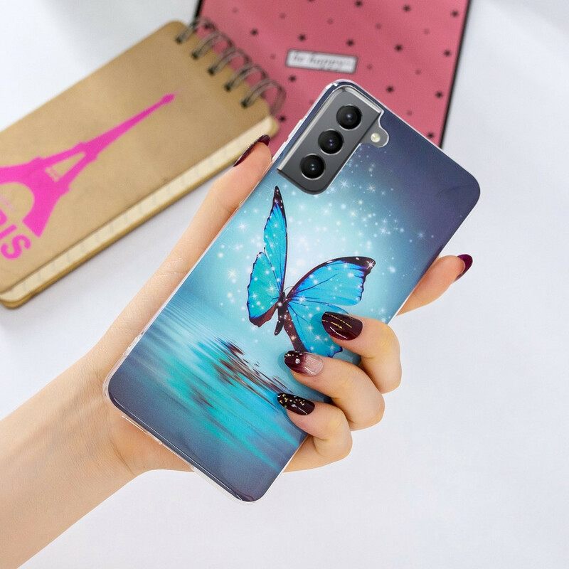 Kuori Samsung Galaxy S21 FE Fluoresoiva Sininen Perhonen