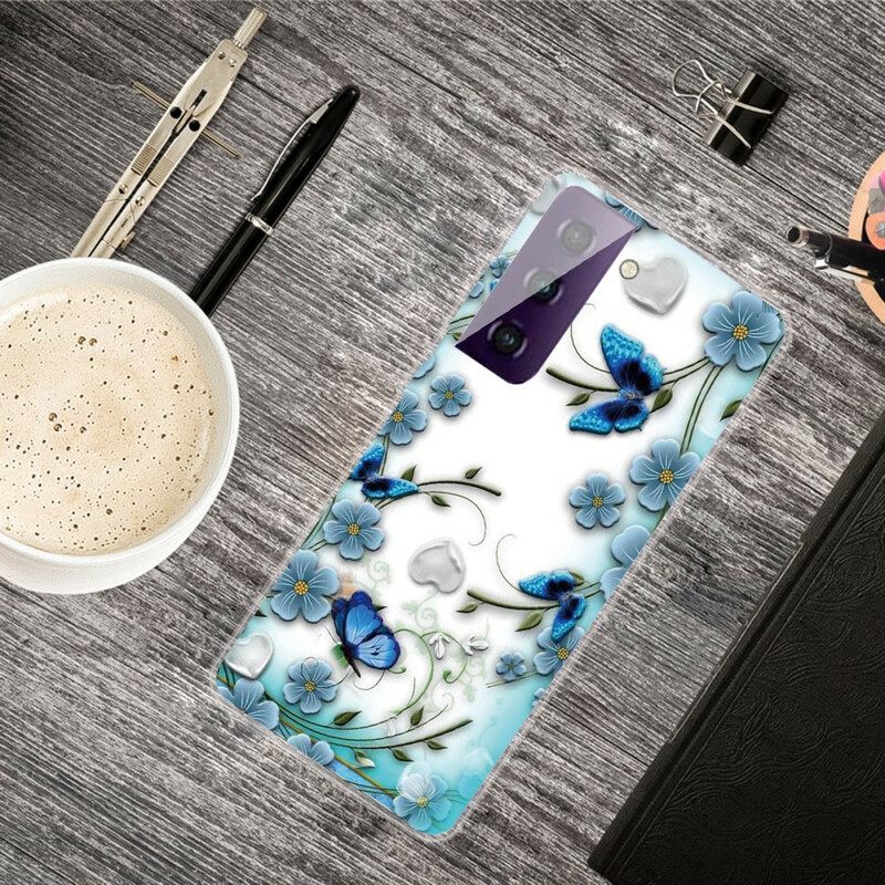 Kuori Samsung Galaxy S21 FE Retro Perhosia Ja Kukkia