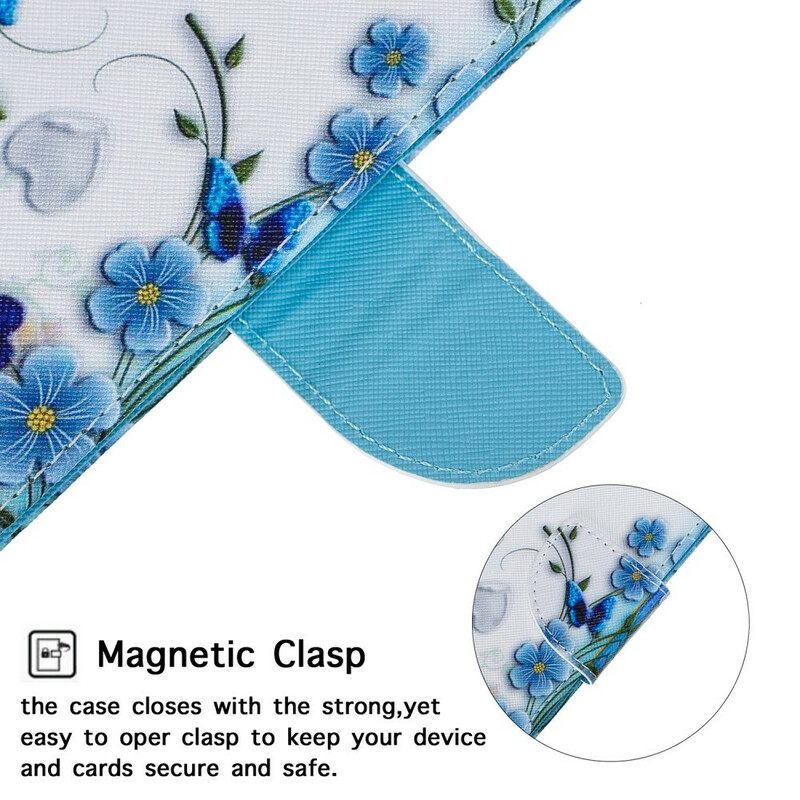 Flip Case Samsung Galaxy A51 5G Suojaketju Kuori Sinisiä Perhosia Ja Kukkia Hihnalla