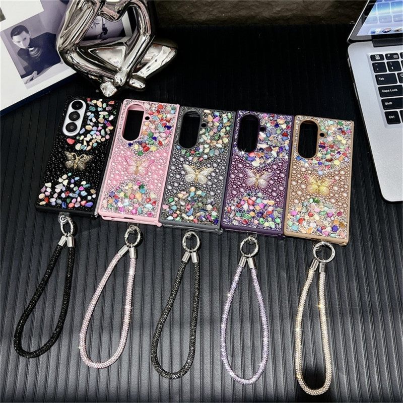 Kuori Samsung Galaxy Z Fold 7 Strassilla Koristeltu Perhonen Hihnalla