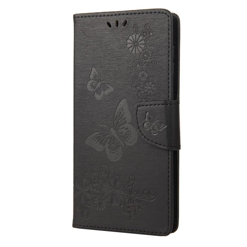 Nahkakotelo Moto G51 5G Suojaketju Kuori Splendid Butterflies Hihnalla