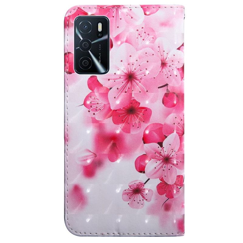 Nahkakotelo Oppo A16 / A16s Vaaleanpunaiset Kukat