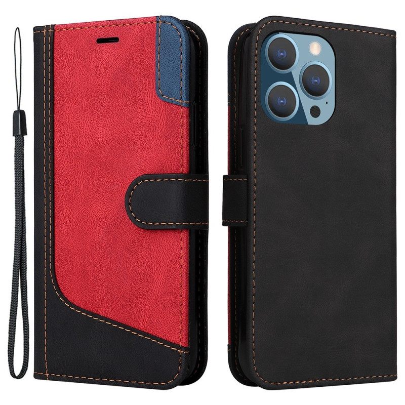 Nahkakotelo iPhone 14 Pro Max Suojaketju Kuori Tricolor Hihnalla