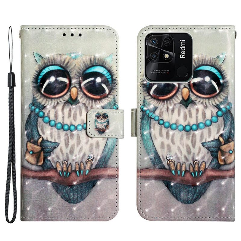 Nahkakotelo Xiaomi Redmi 10C Suojaketju Kuori Miss Owl Hihnassa