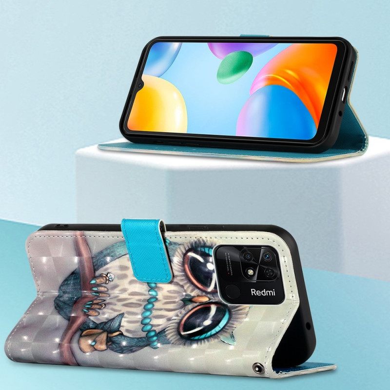 Nahkakotelo Xiaomi Redmi 10C Suojaketju Kuori Miss Owl Hihnassa