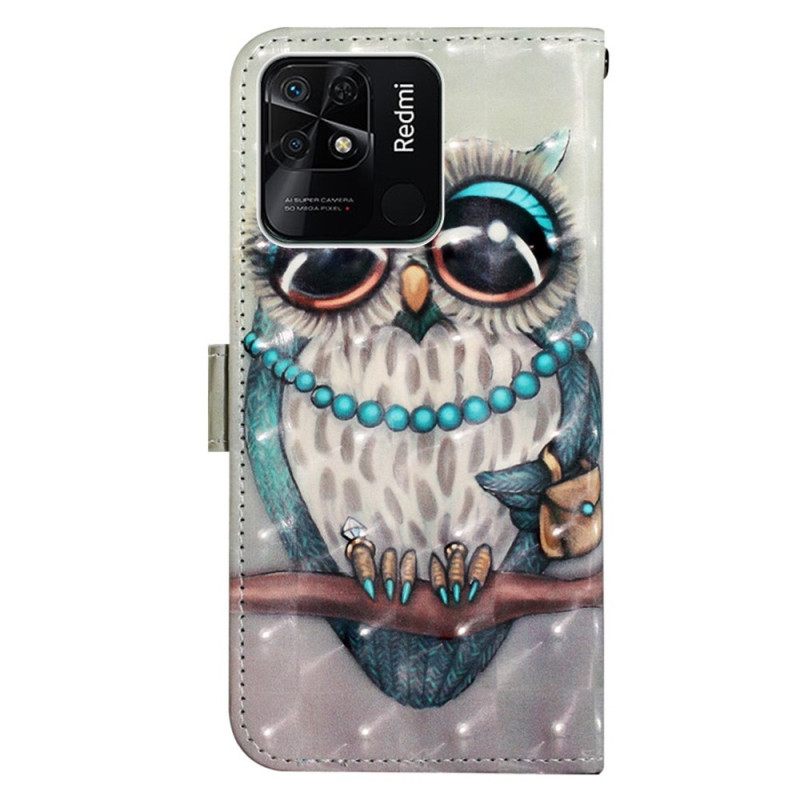 Nahkakotelo Xiaomi Redmi 10C Suojaketju Kuori Miss Owl Hihnassa