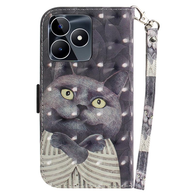 Nahkakotelo Realme C53 Harmaa Kissapidike Nauhalla