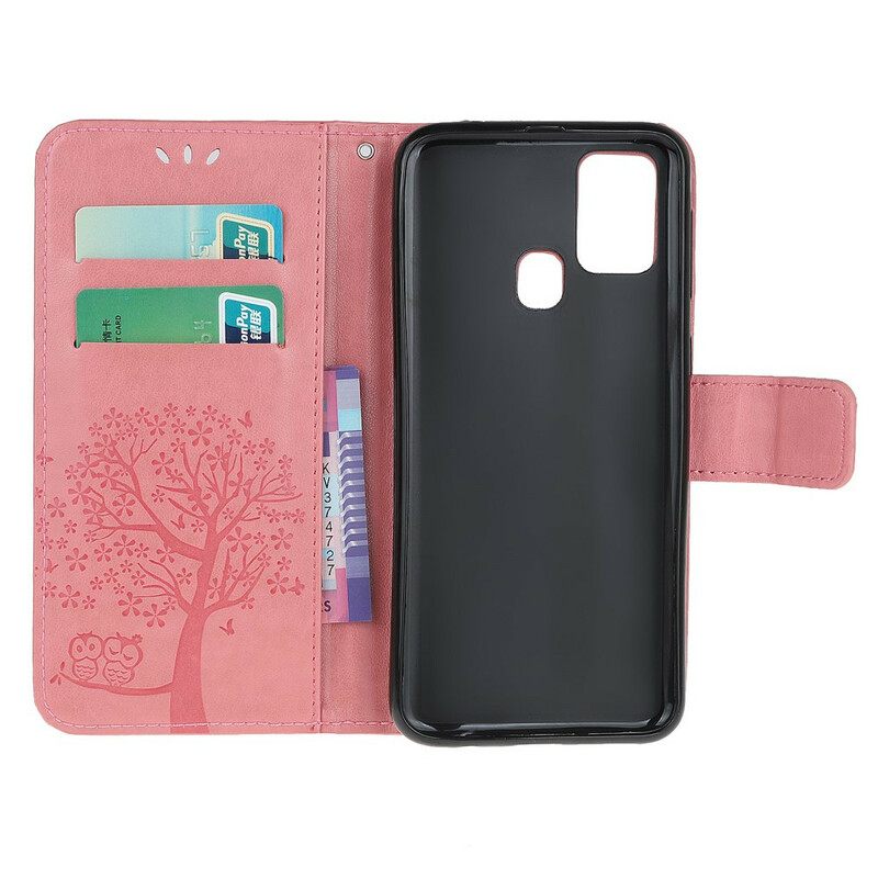Nahkakotelo OnePlus Nord N100 Suojaketju Kuori Tree Ja Pöllöt Hihnalla