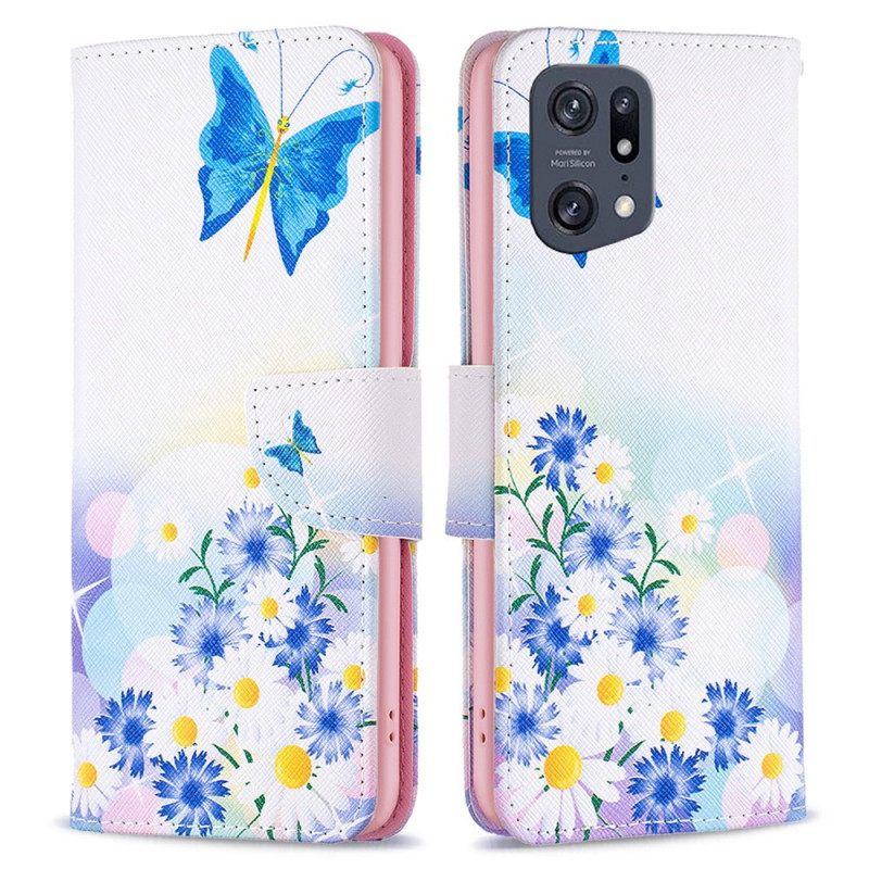 Nahkakotelo Oppo Find X5 Pro Vesiväriperhoset