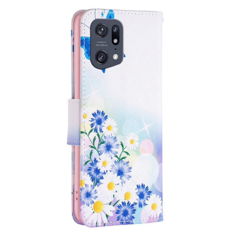 Nahkakotelo Oppo Find X5 Pro Vesiväriperhoset