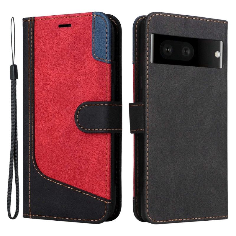 Nahkakotelo Google Pixel 7 Suojaketju Kuori Tricolor Hihnalla