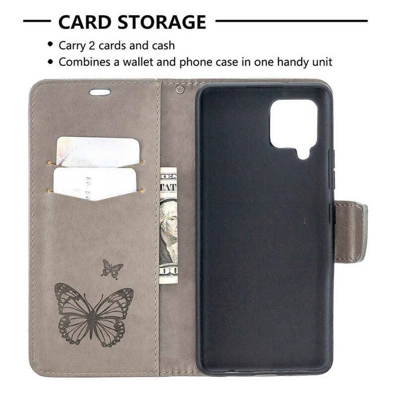Nahkakotelo Samsung Galaxy A42 5G Butterflies In Flight With Lanyard