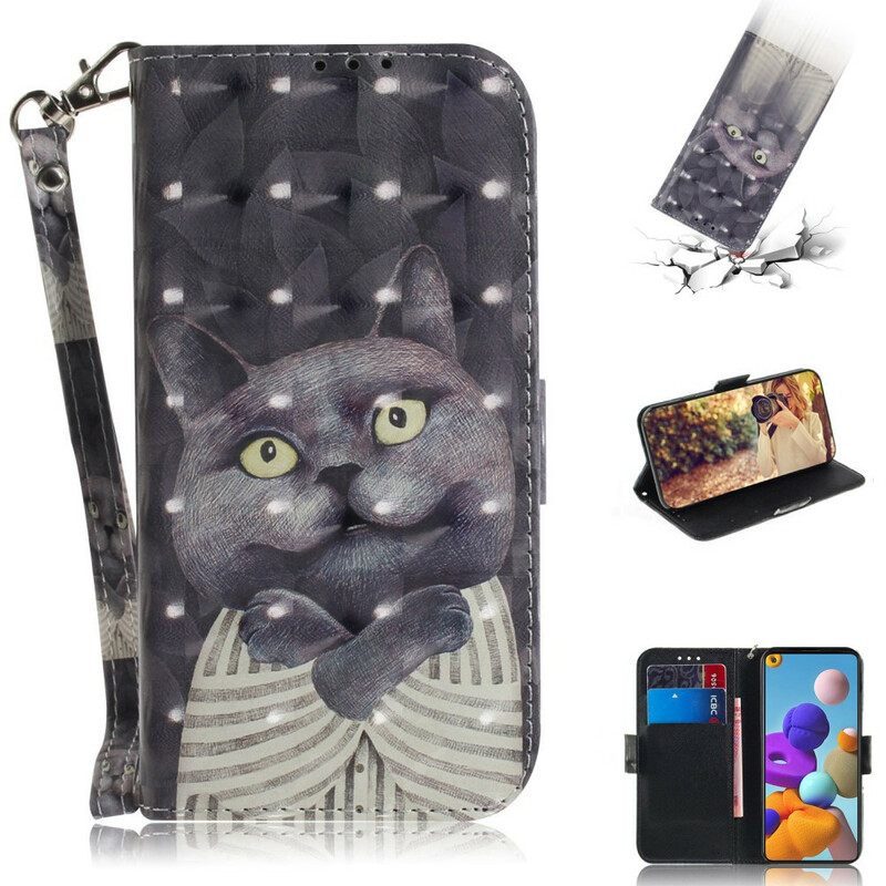 Flip Case Samsung Galaxy A21s Suojaketju Kuori Grey Thong Cat