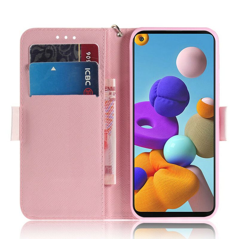 Nahkakotelo Samsung Galaxy A21s Suojaketju Kuori Hamsterit Lanyardissa