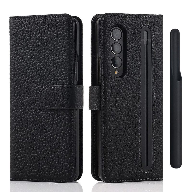 Flip Case Samsung Galaxy Z Fold 3 5G Aito Litchi-nahkainen Kynäpidike