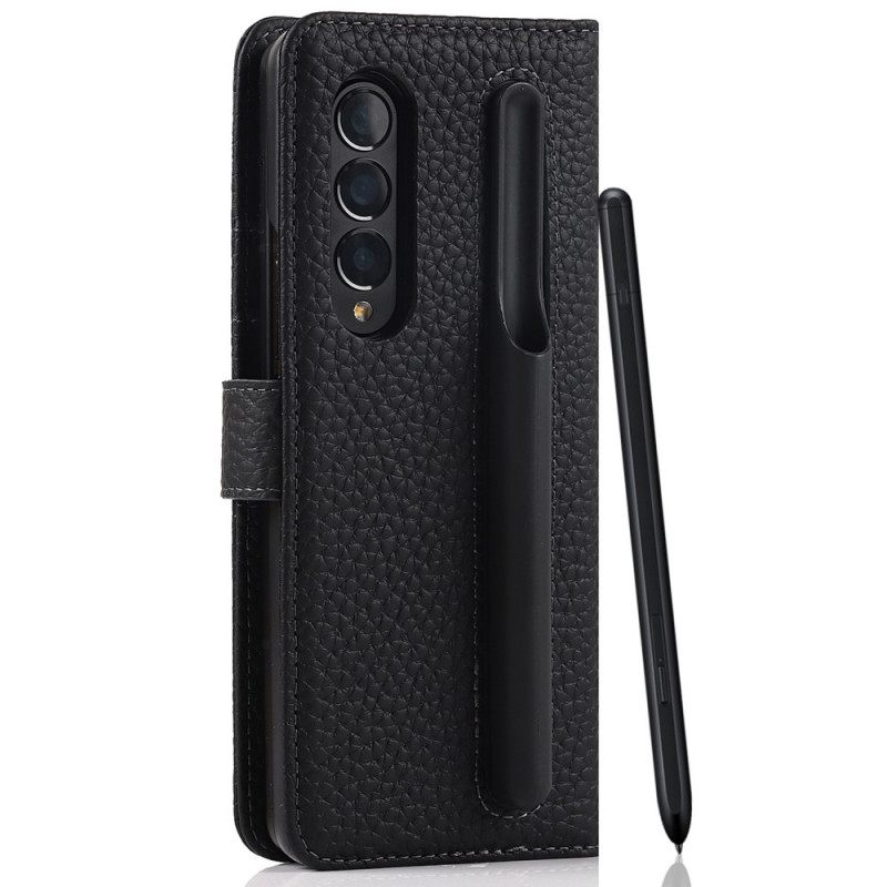 Flip Case Samsung Galaxy Z Fold 3 5G Aito Litchi-nahkainen Kynäpidike