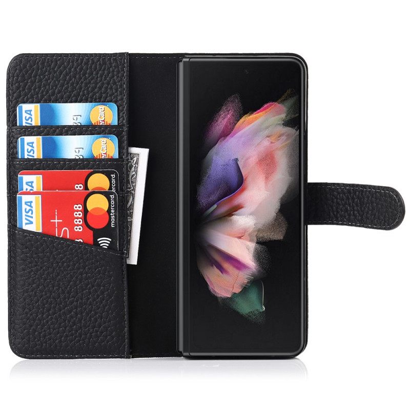 Flip Case Samsung Galaxy Z Fold 3 5G Aito Litchi-nahkainen Kynäpidike